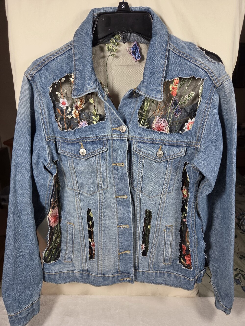 Boho Blue Denim Jacket: Embroidered Floral Mesh Cut Outs Up Cycled Festival